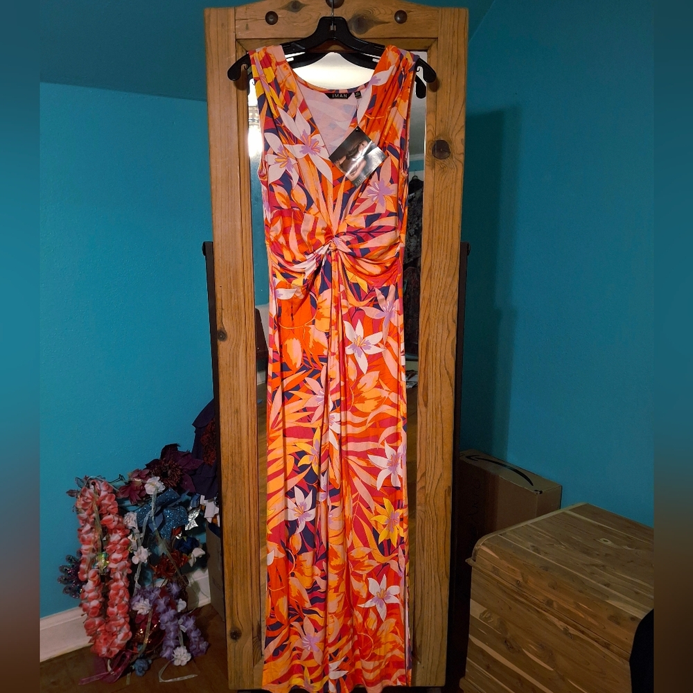 IMAN Global Chic Floral Women's Med Maxi Dress Twist Front Flowy Rayon NWT - Picture 6 of 12